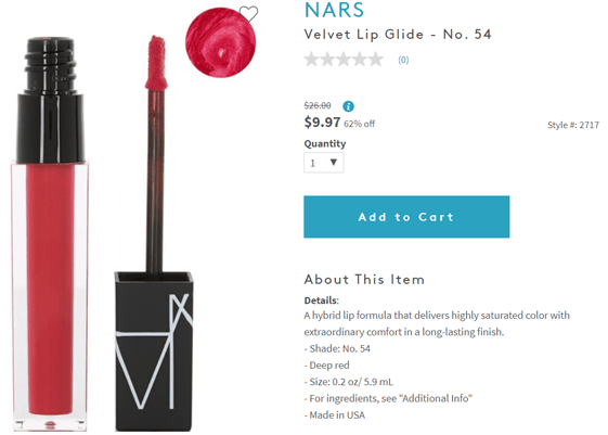 Nordstrom Rack折扣码2026 补货！NARS 液体丝绒唇釉NO.54号色38折.97优惠码-图片2