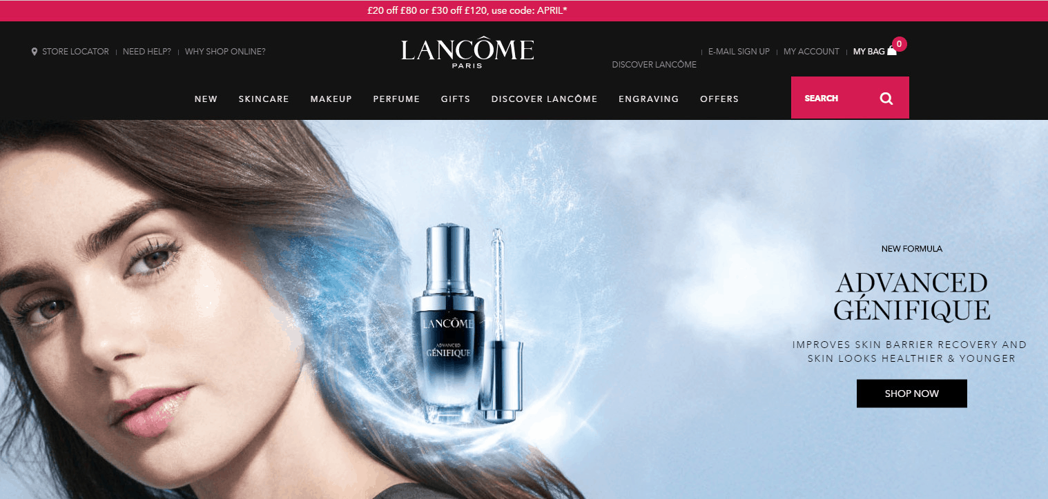 Lancome优惠码2026 兰蔻英国官网全场满£80立减£20/满£120立减30促销英国境内免邮