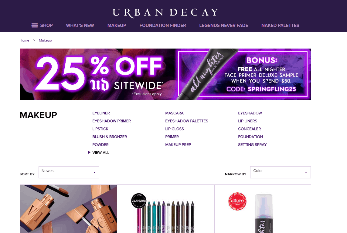 Urban Decay折扣码2026 全场正价彩妆产品75折+满送妆前乳中样满额免邮