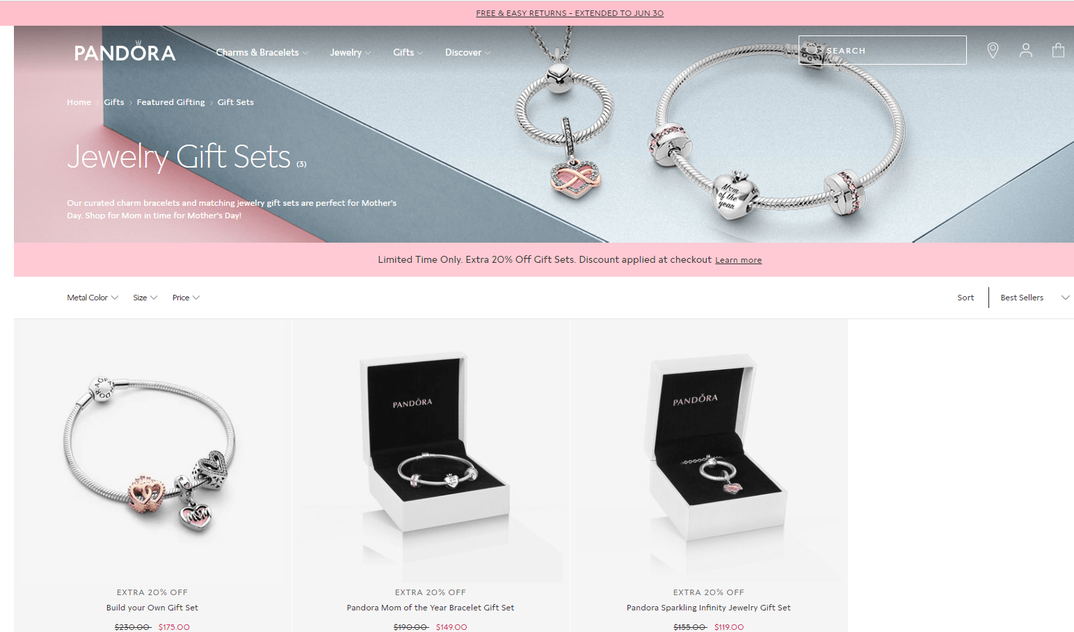 PANDORA Jewelry折扣码2026 潘多拉珠宝美国站母亲节精选3款珠宝首饰额外8折促销美国免邮
