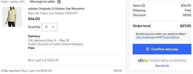 ebay折扣码2026 adidas 阿迪达斯 滑板系列 女款黄色三条杠T恤凑单折后价.5（约98元）优惠码-图片2
