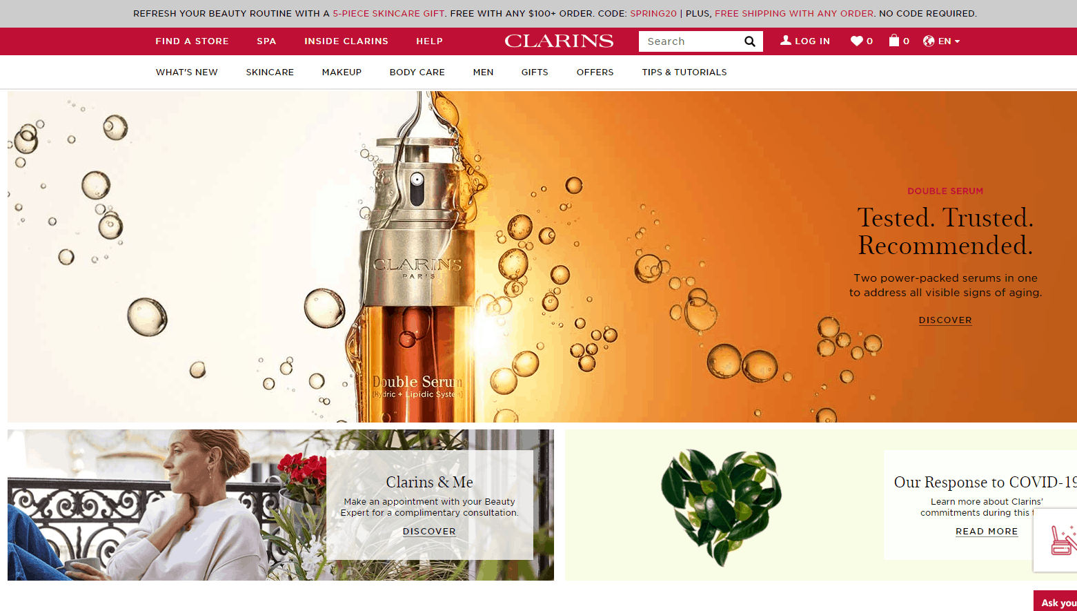 Clarins折扣码2026 娇韵诗美国官网全场护肤满0送5件好礼美国免邮