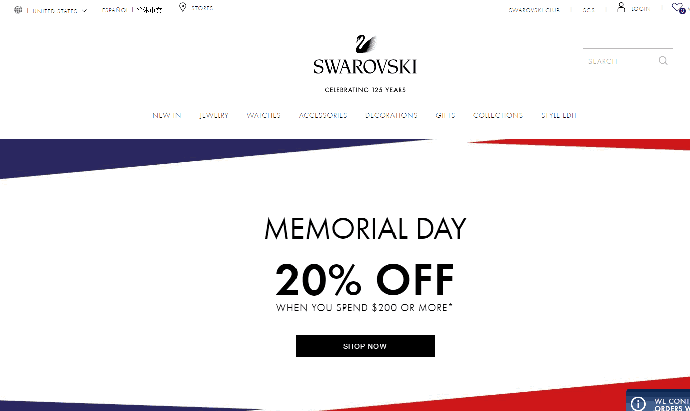 Swarovski优惠码2026 施华洛世奇美国官网Memorial Day全场首饰配饰满0额外8折促销新款参加