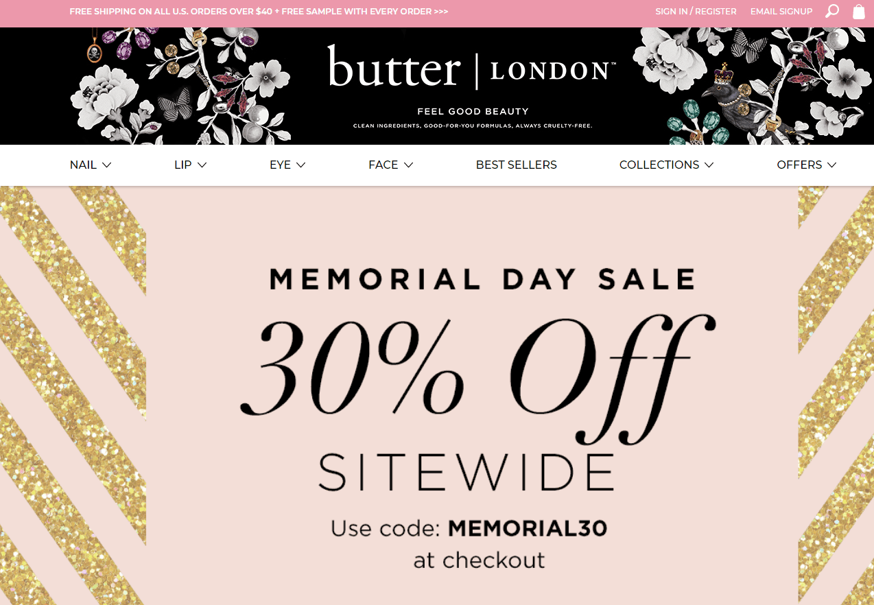 Butter London优惠码2026 butterLondon官网Memorial Day全场美妆无门槛7折促销美国免邮