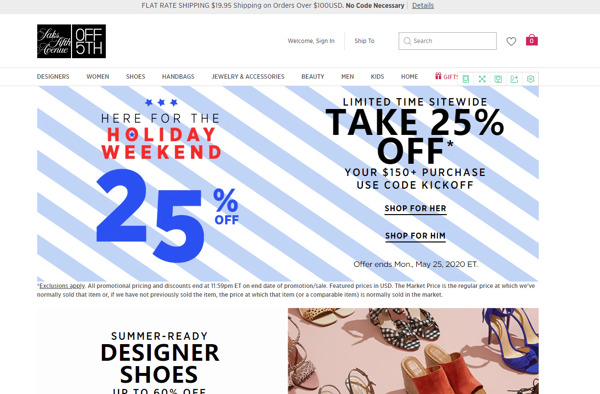 Saks Off 5th折扣码2026-Saks Off 5th全场商品满0额外75折促销美妆类参加