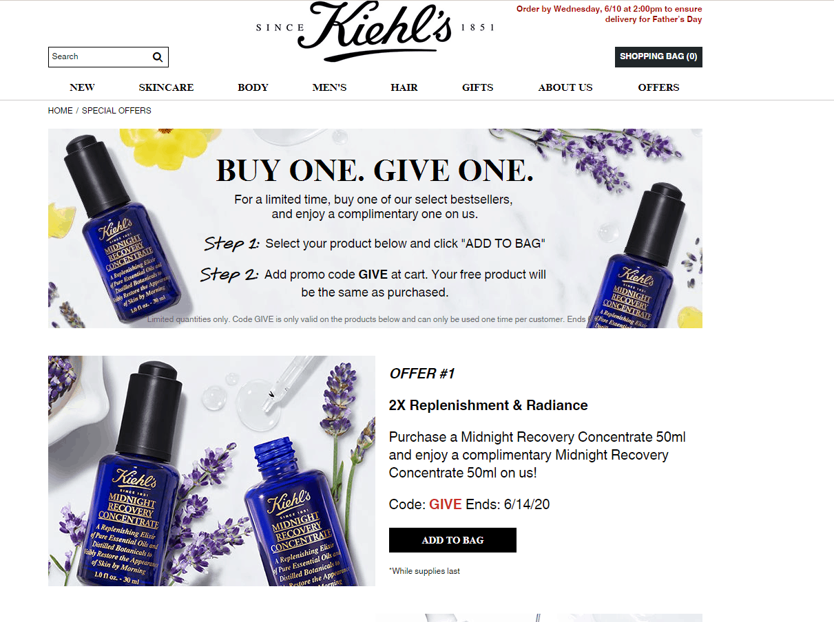 Kiehl's折扣码2026 科颜氏官网精选护肤美妆买一送一满$75送6件好礼