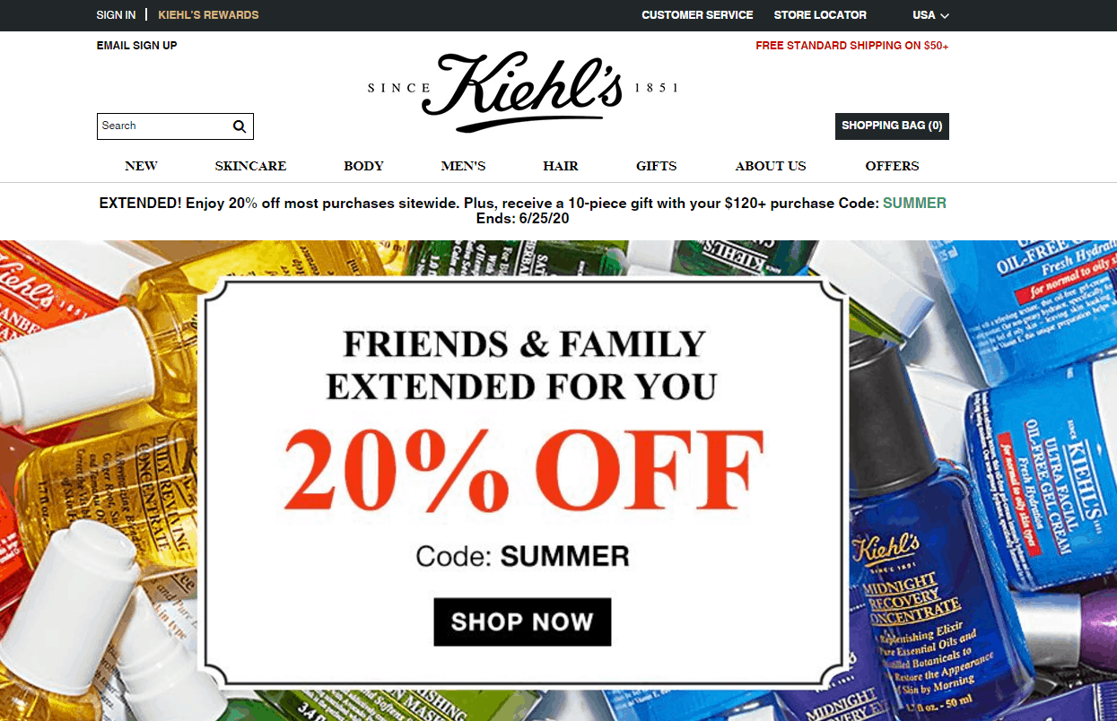 Kiehl’s优惠码2026 科颜氏美国官网无门槛8折+满0送10件套