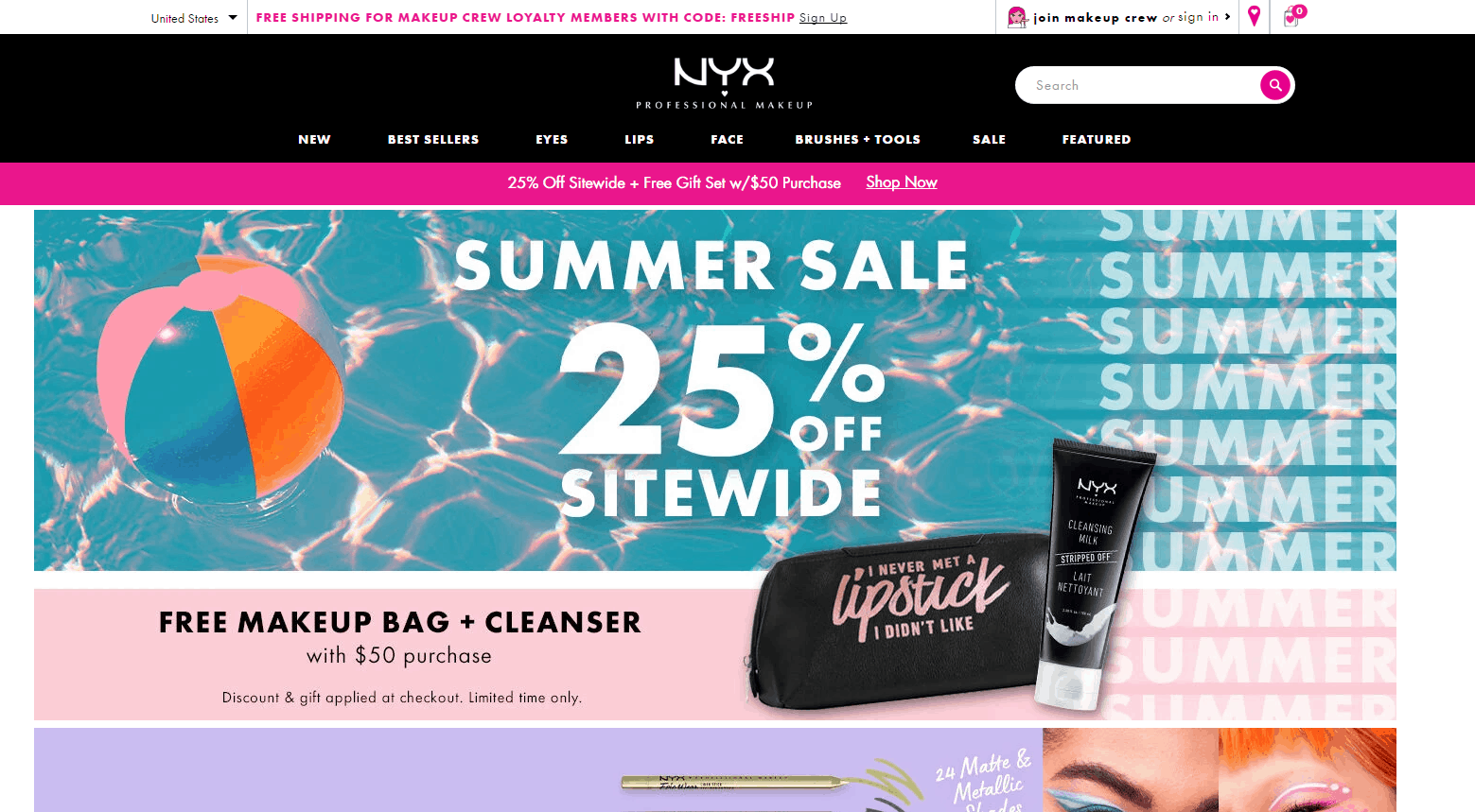 NYX优惠码2026 nyxcosmetics美国官网全场商品无门槛75折促销满50送2件套