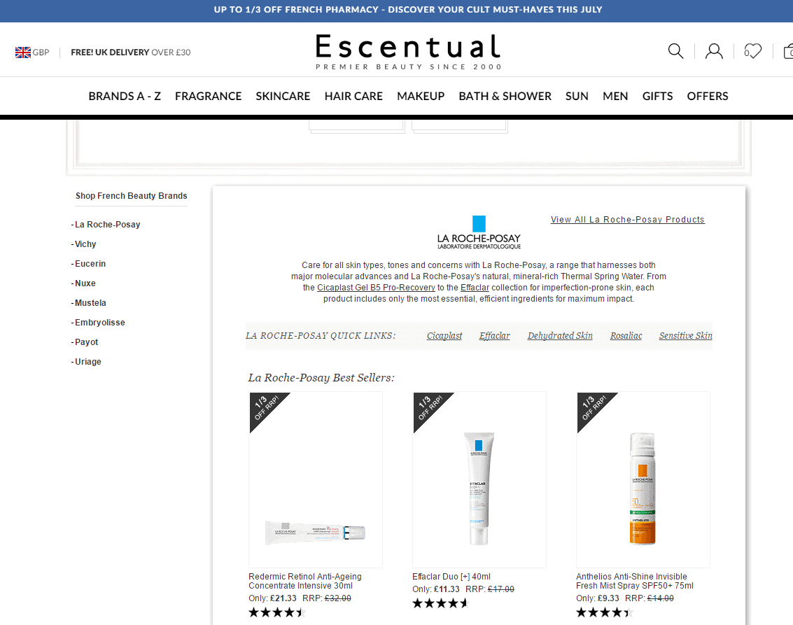 Escentual折扣码2026 escentual有理肤泉等法国药房品牌全场低至6.7折部分品牌直邮国内
