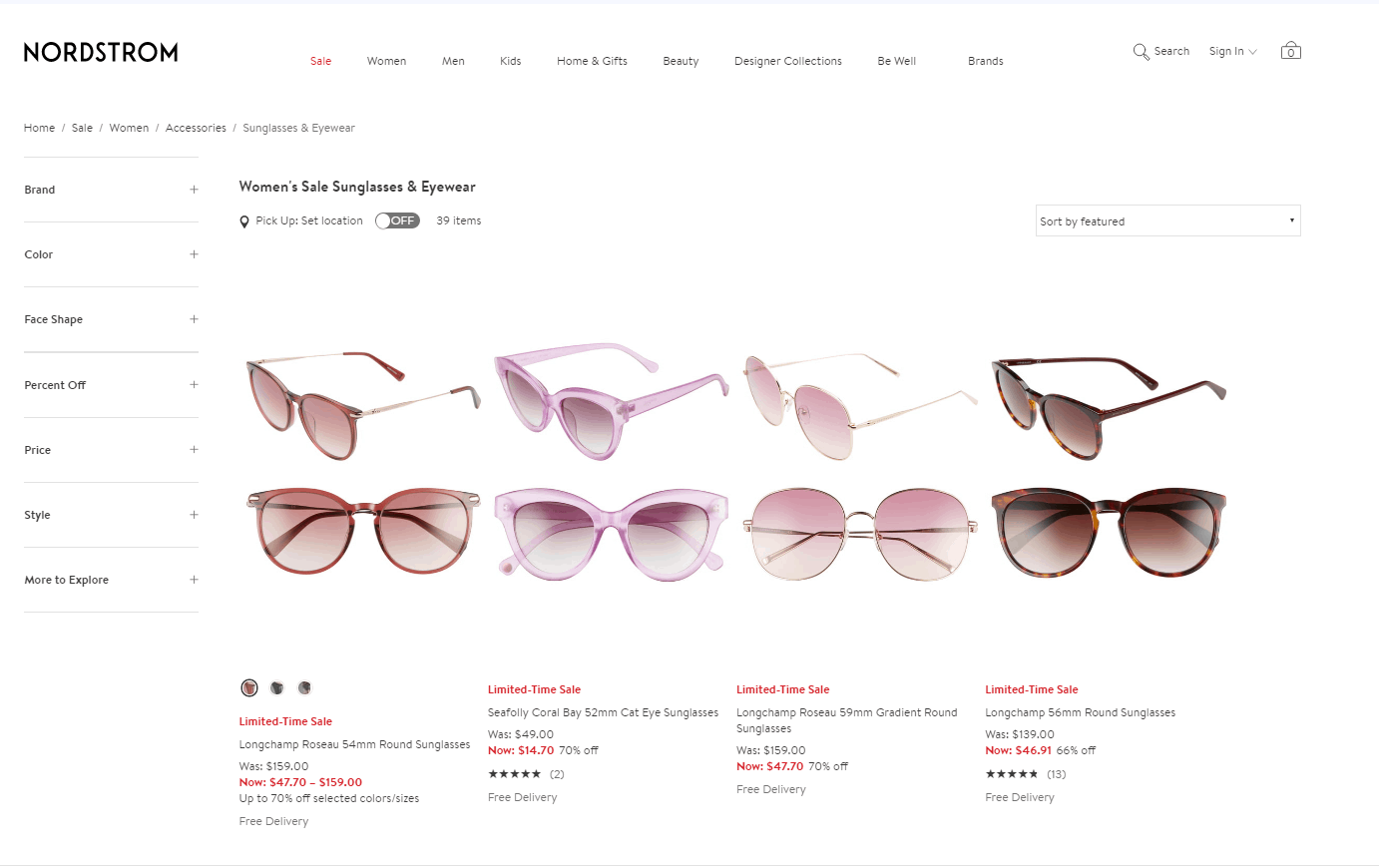 Nordstrom折扣码2026 nordstrom精选Burberry、雷朋等大牌太阳镜低至3折促销美境免邮
