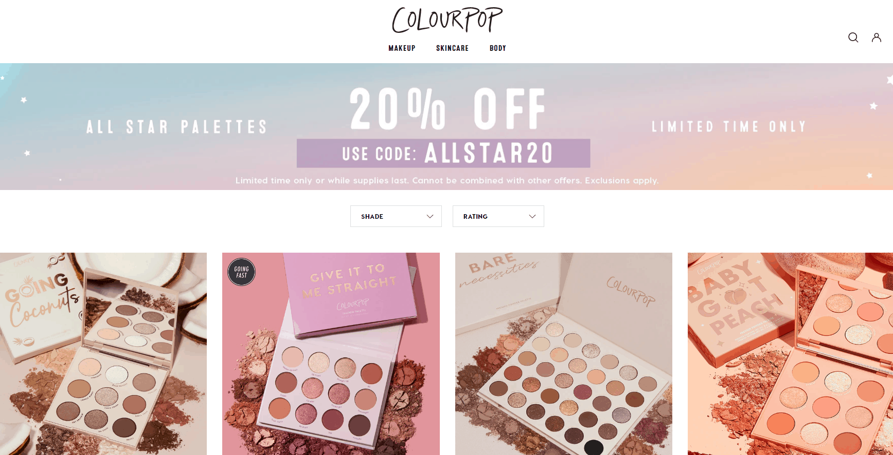 ColourPop折扣码2026 卡拉泡泡美国官网精选眼影盘8折促销部分套装也参加