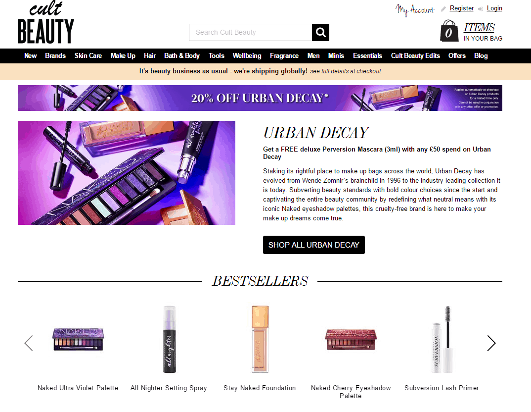 Cult Beauty优惠码2026 cultbeauty现有Urban Decay彩妆无门槛8折促销+直邮退税相当于62折