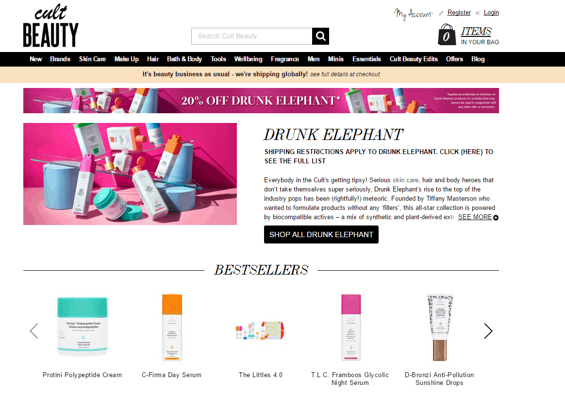 Cult beauty折扣码2026 cultbeauty现有DRUNK ELEPHANT醉象产品8折+无门槛免邮直邮中国退税17%
