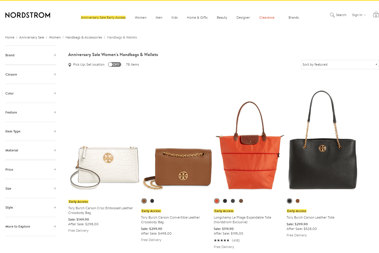 Nordstrom折扣码2026 nordstrom Anniversary Sale周年庆精选包包低至5折促销可关注TB、coach、MCM