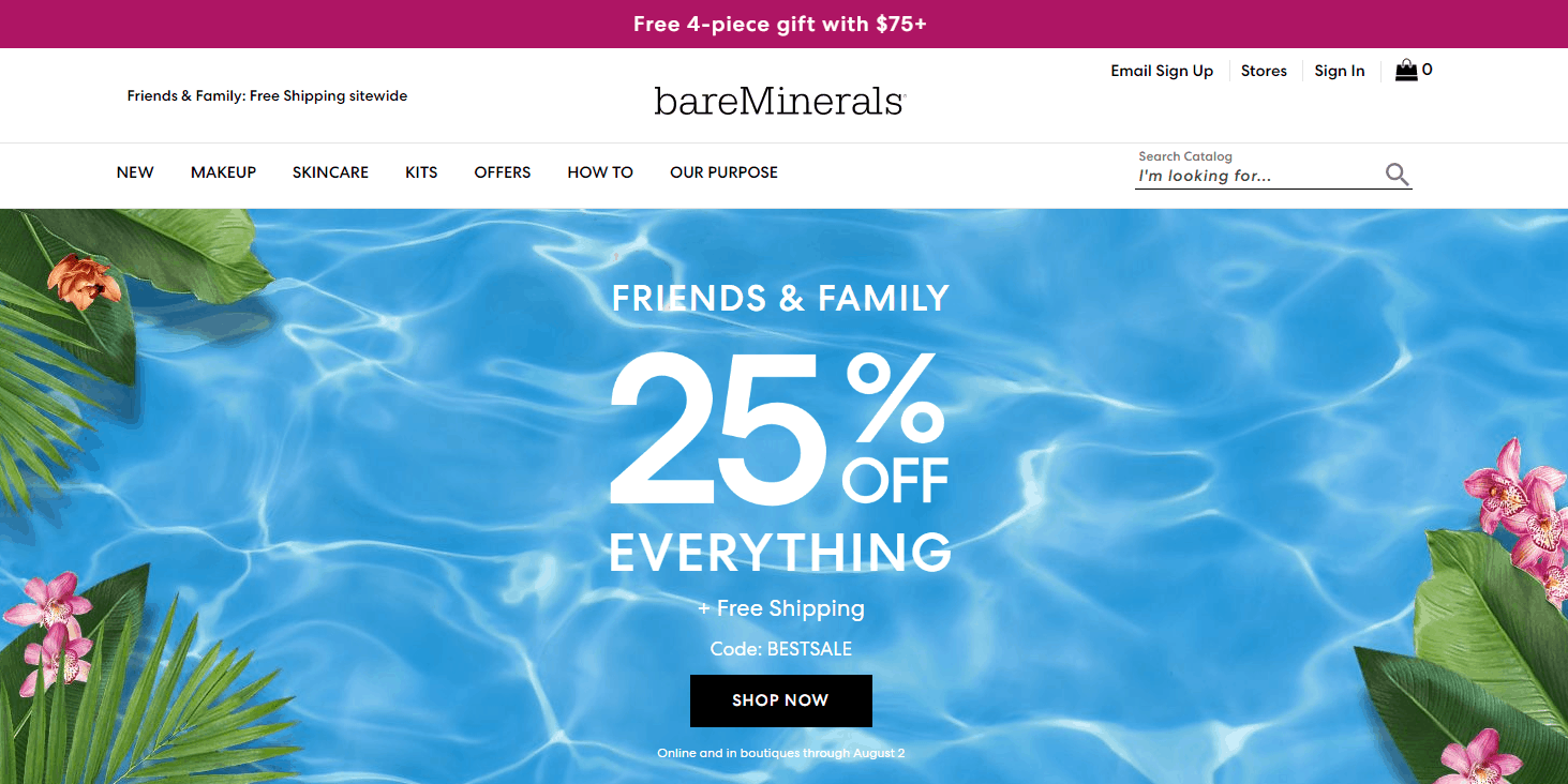 Bare Minerals优惠码2026 bareminerals美国官网全场彩妆无门槛7.5折促销满送4件好礼