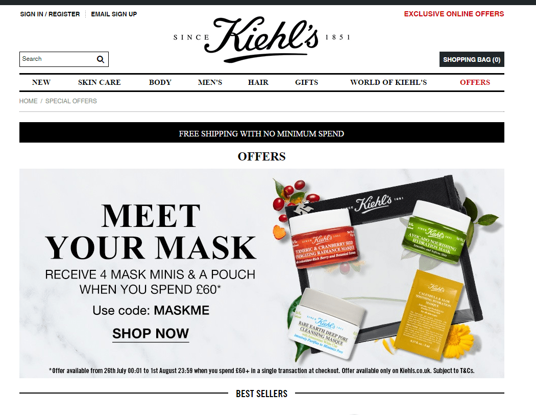Kiehl’s优惠码2026 科颜氏英国官网满£60送4件面膜小样