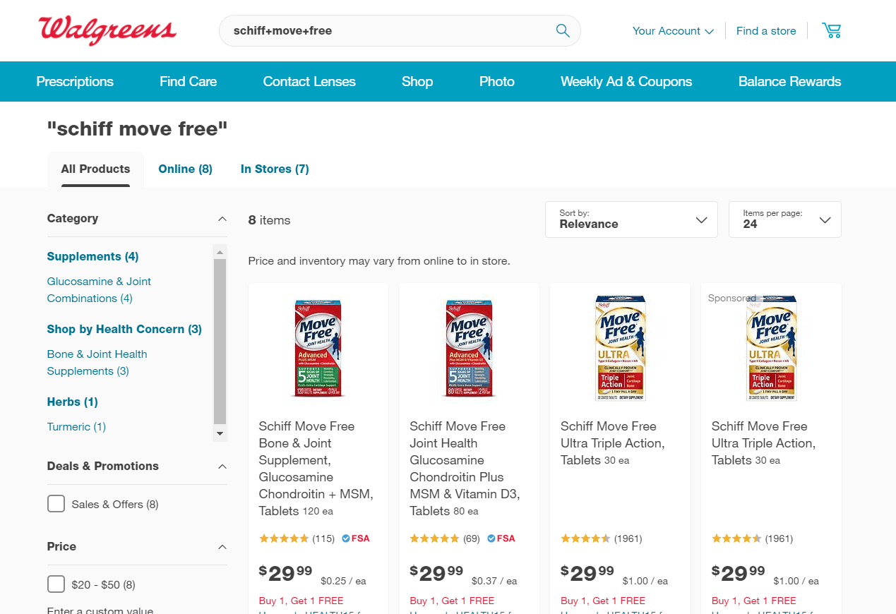 Walgreens优惠码2026 Schiff Move Free维骨力产品买1送1+满额外8.5折促销满额免邮