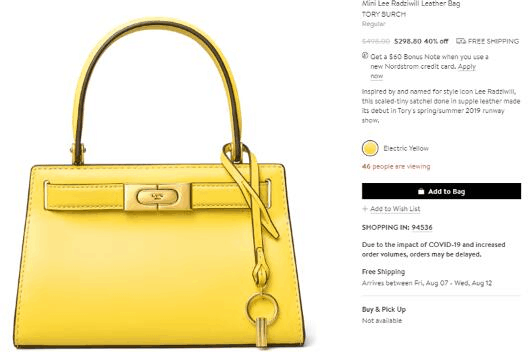 Nordstrom折扣码2026 Nordstrom Tory Burch新款Lee Radziwill手提包mini小号黄色款6折8.8优惠码-图片2