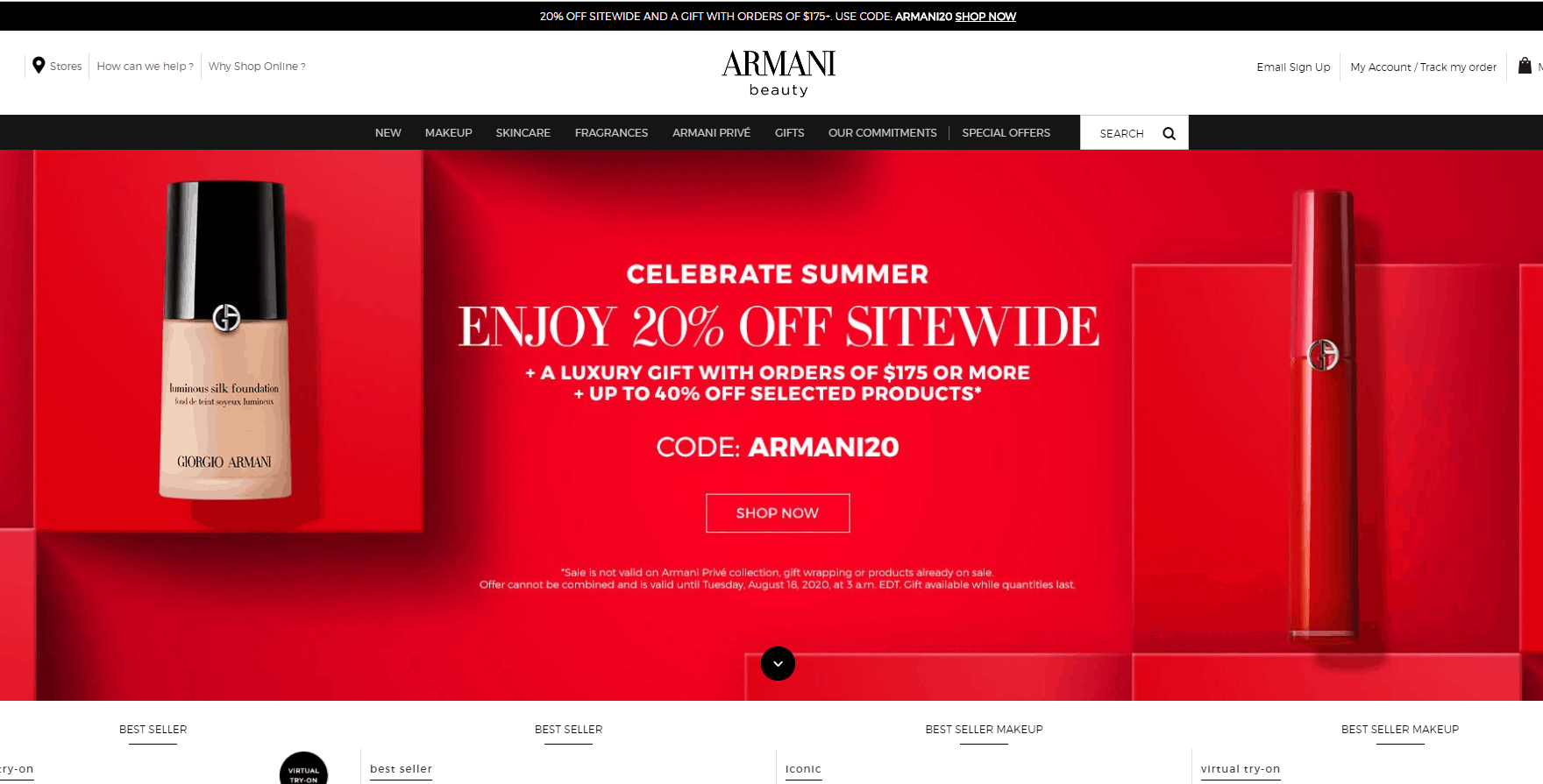 Giorgio Armani Beauty优惠码2026 阿玛尼加拿大全场彩妆额外8折促销满C5送5件礼包