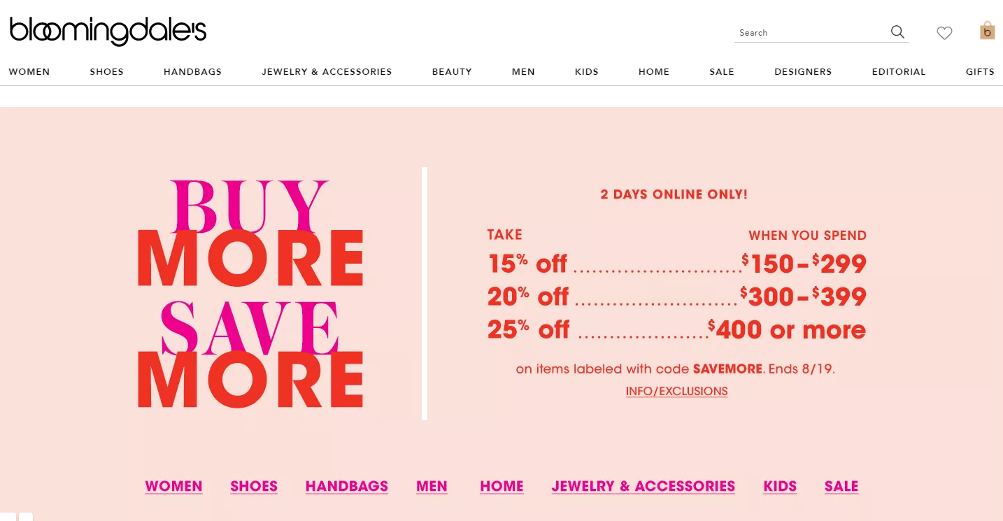 Bloomingdales折扣码2026 bloomingdale’s布鲁明戴尔精选时尚类满额最高额外75折促销会员免邮