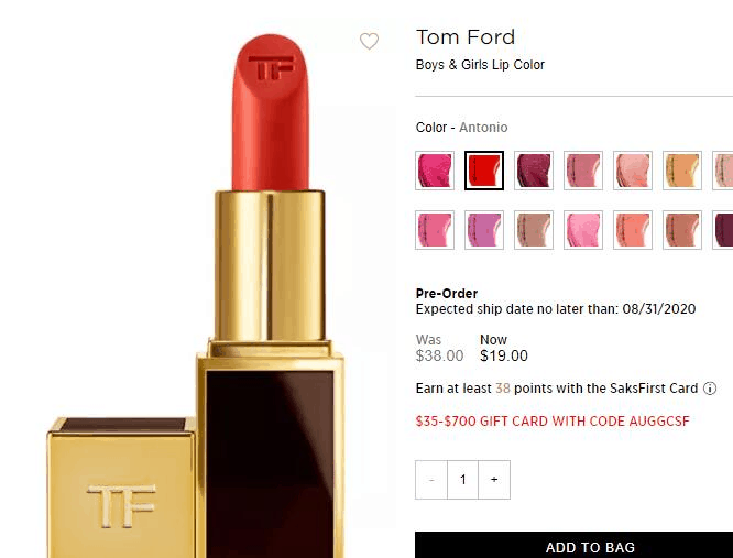SaksFifthAvenue折扣码2026 SaksFifthAvenue第五大道TOM FORD黑金管/白管唇膏 5折+送礼品卡优惠码