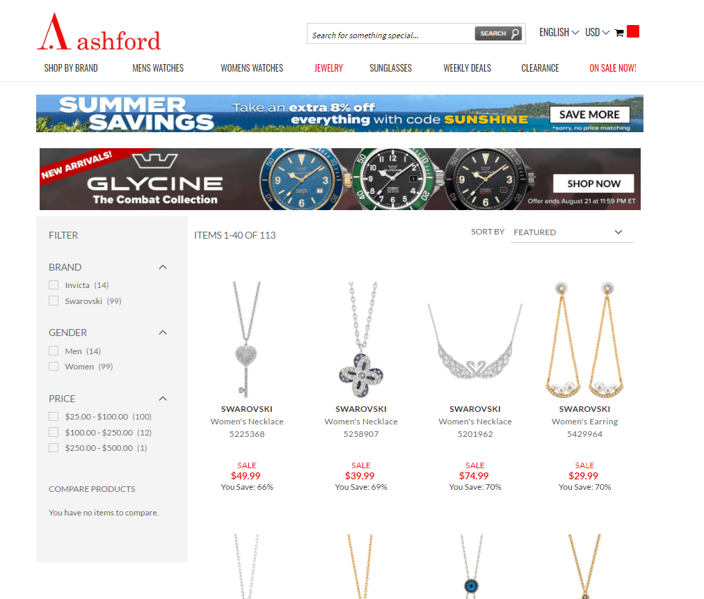 Ashford折扣码2026 ashford有精选Swarovski饰品低至2.8折+额外9折促销满额免邮