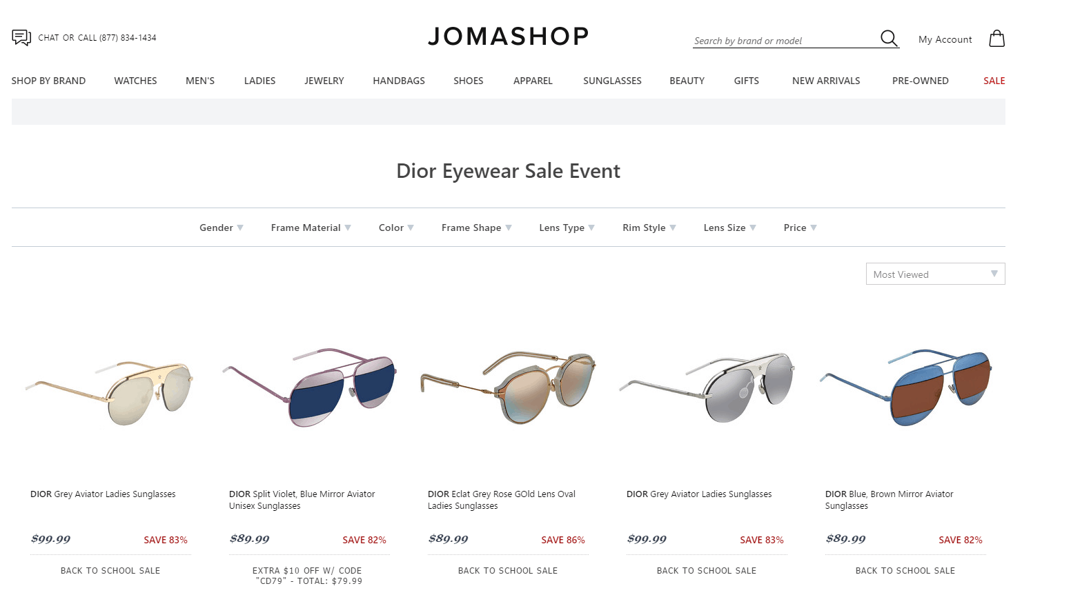 Jomashop折扣码2026 jomashop现有精选Dior太阳镜1.6折起促销凑单满减