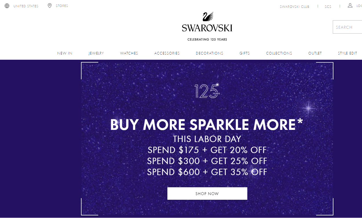 Swarovski折扣码2026 施华洛世奇美国官网Labor Day全场首饰配最高满额65折促销美国免邮