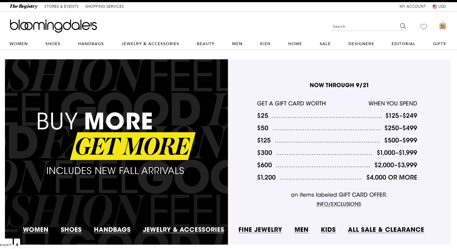 Bloomingdales折扣码2026 bloomingdale’s布鲁明戴尔现有精选时尚产品满额最高返00礼卡美境免邮