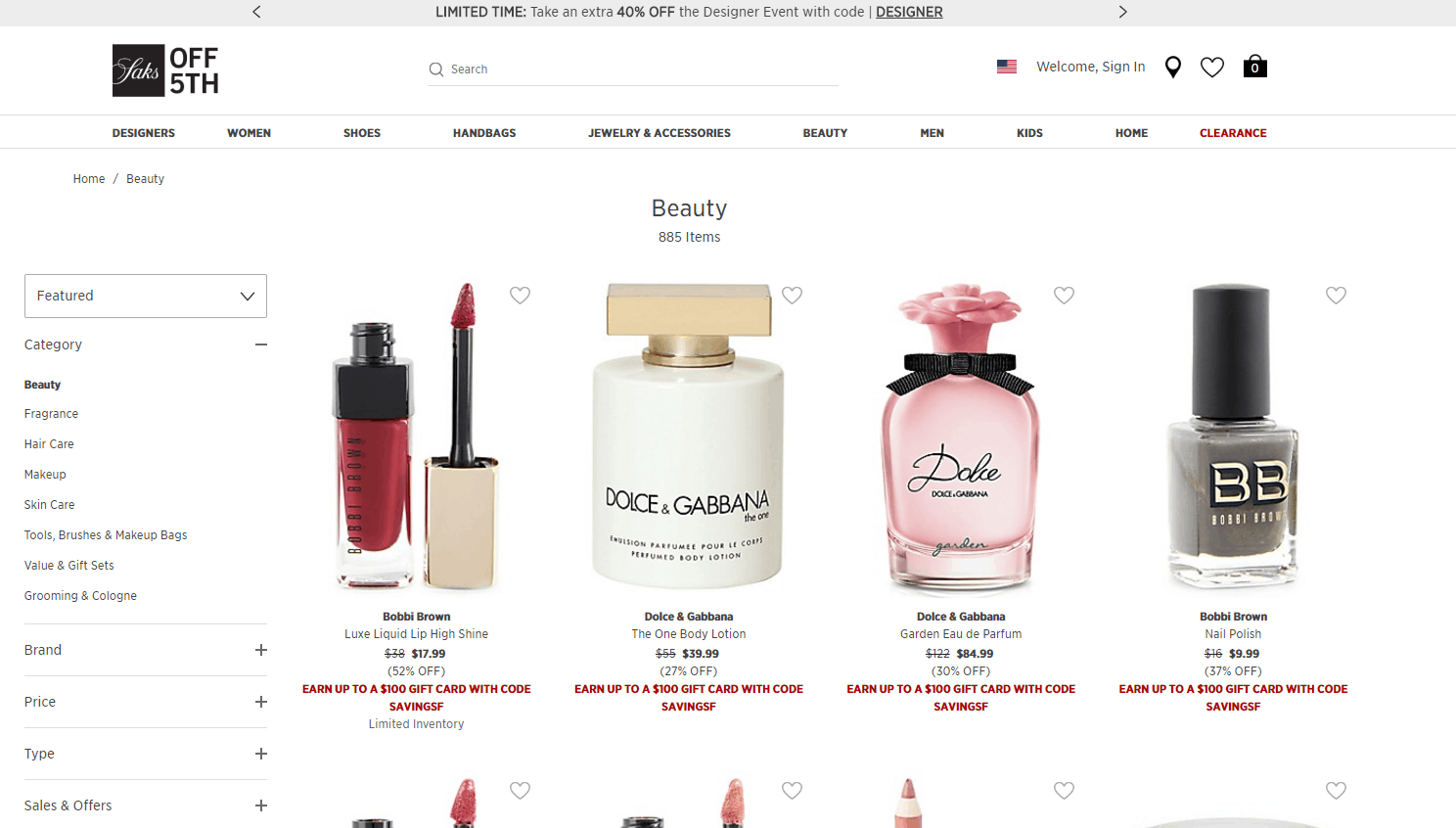Saks Off 5th折扣码2026 Saks Fifth Avenue OFF 5TH全场美妆低至4.9折+最高送0礼卡满额免邮