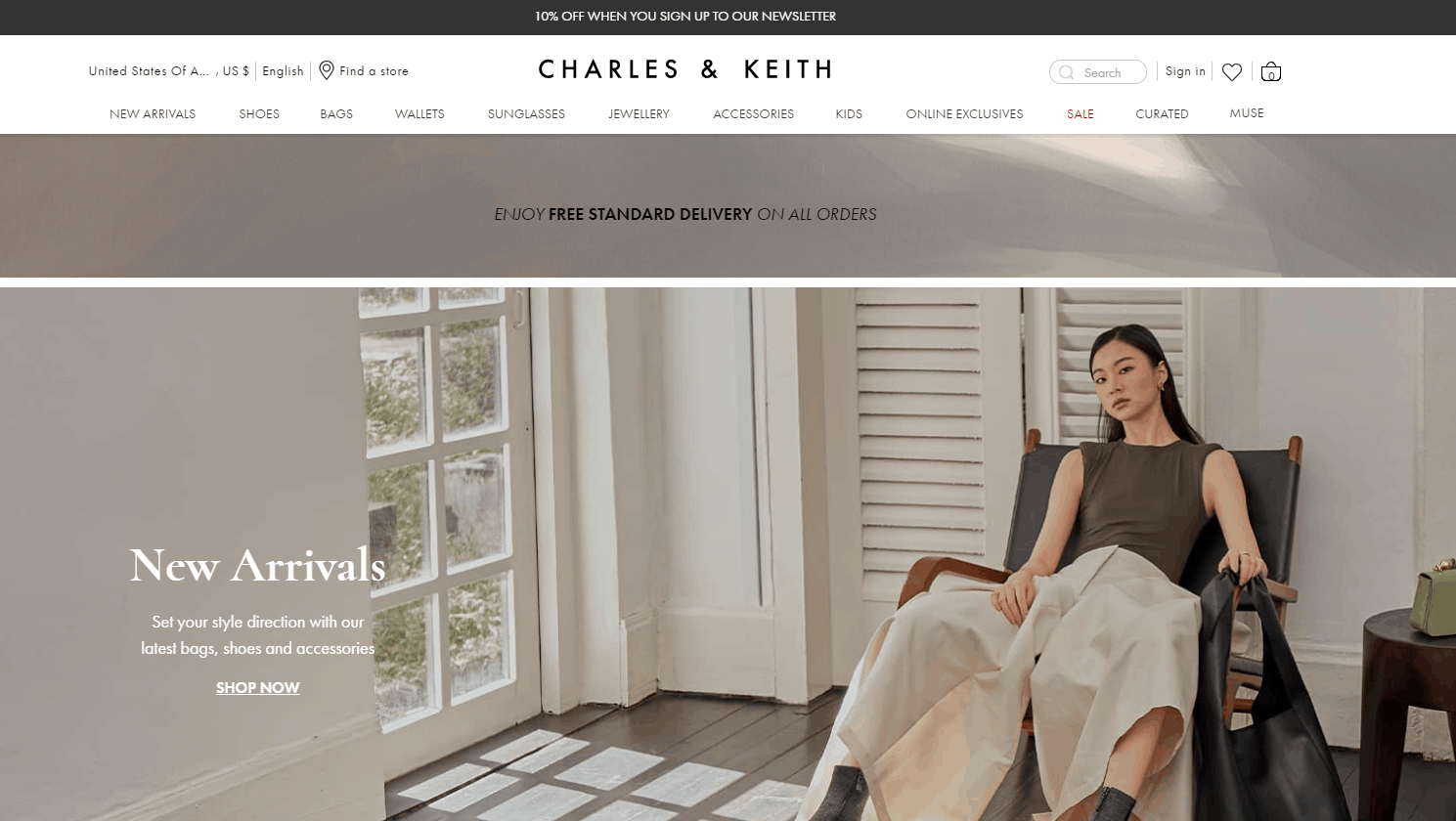 Charles Keith折扣码2026 小ck美国官网精选折扣区包袋低至5折促销限时无门槛免邮