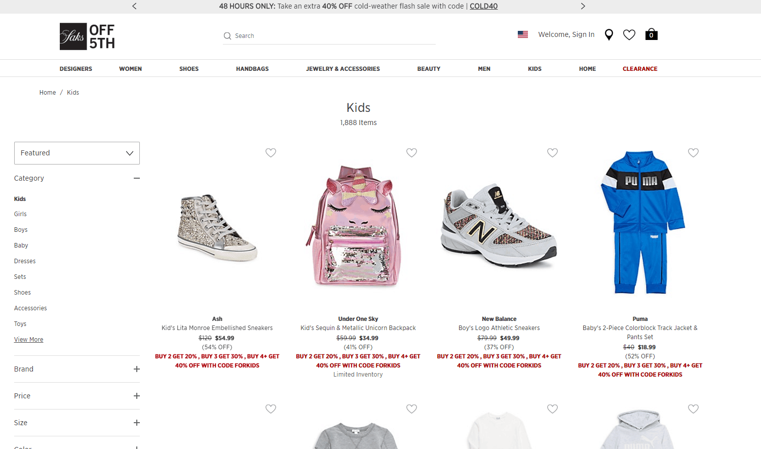 Saks Off 5th折扣码2026 saksoff5th精选儿童区服饰鞋履低至4折+额外6折满额免邮