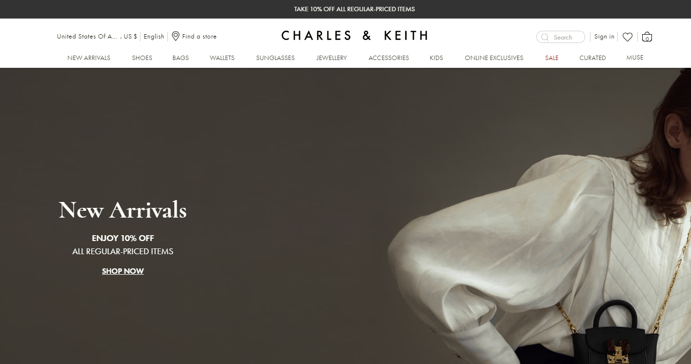 Charles Keith折扣码2026 小CK美国官网现全场正价商品9折促销折扣区包袋低至5折