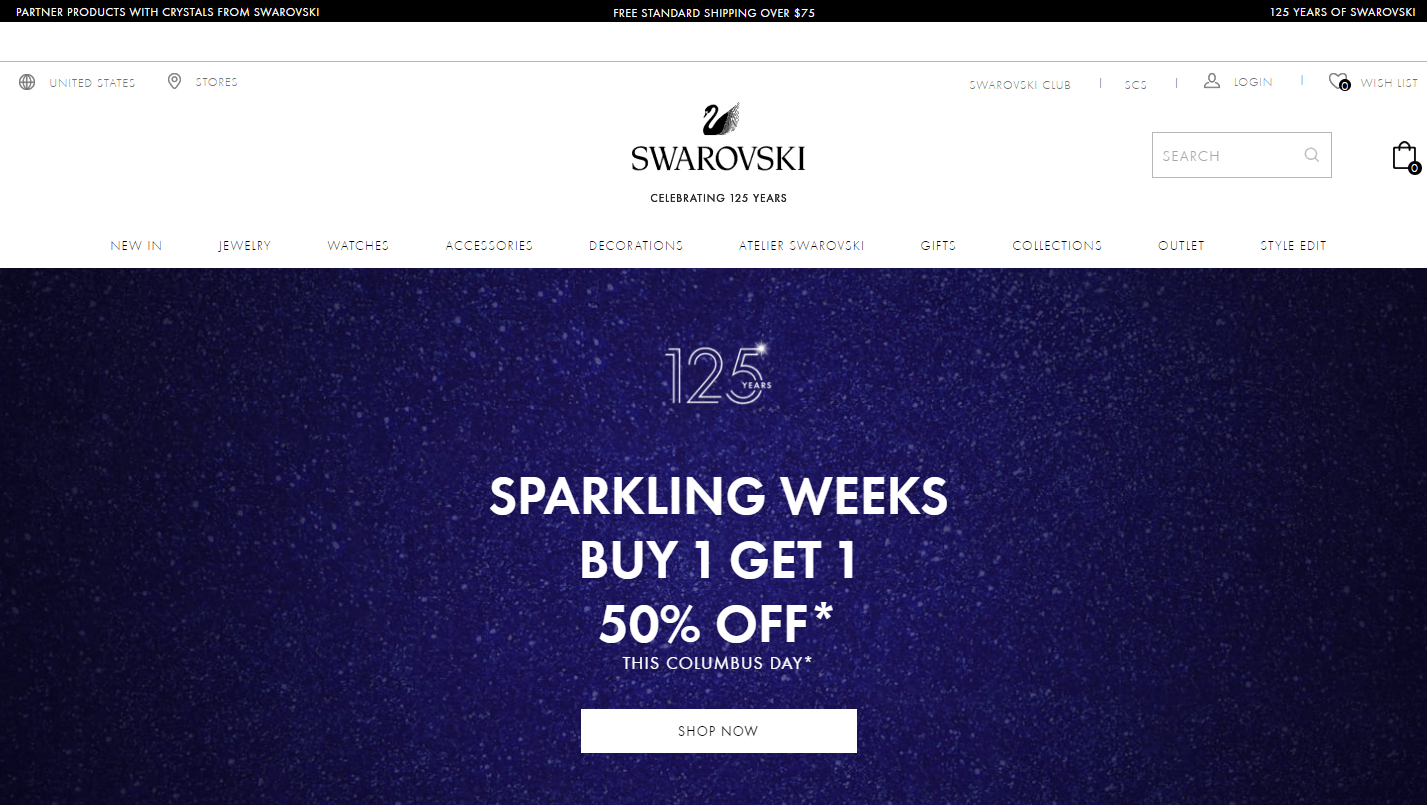 Swarovski优惠码2026 施华洛世奇美国官网全场饰品第二件半件促销美国免邮