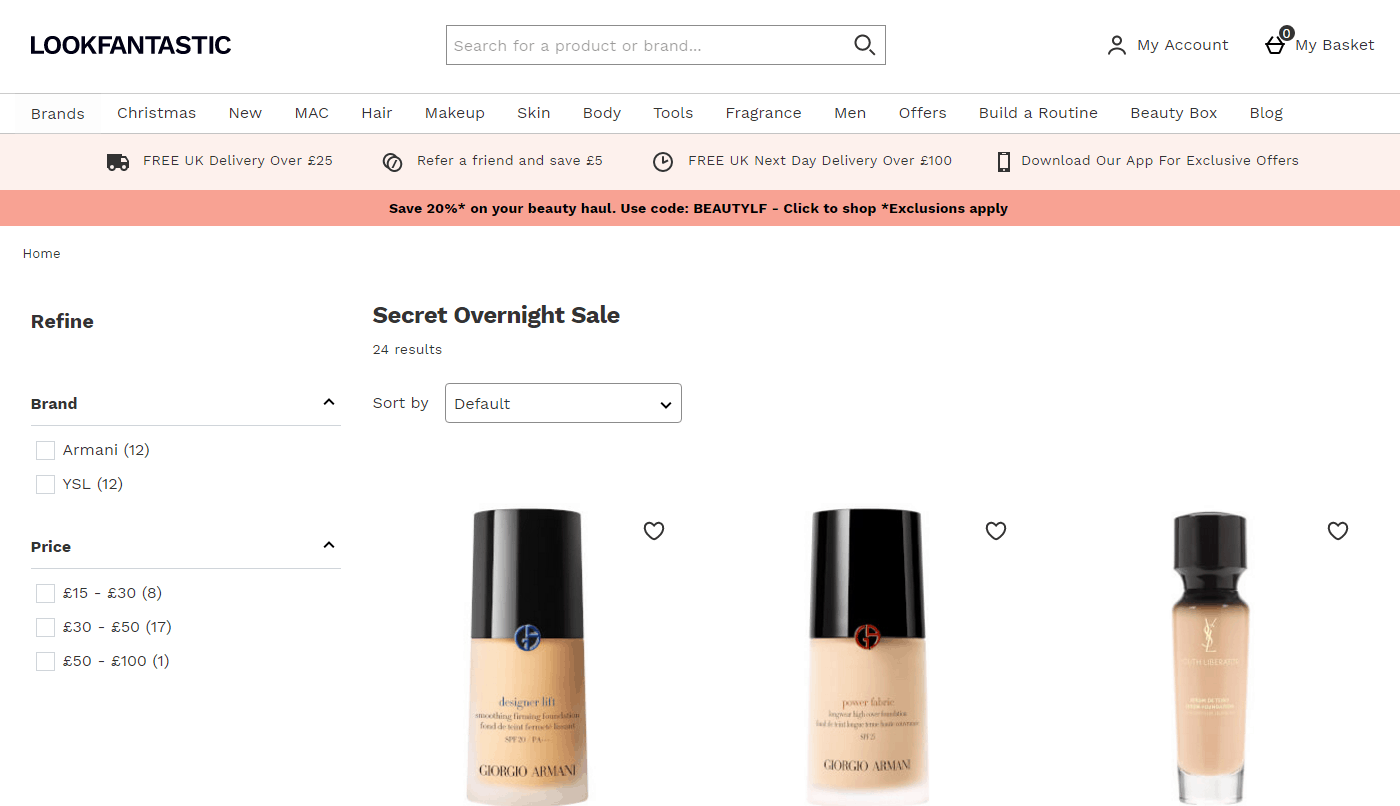 Lookfantastic折扣码2026 LF英文站现有精选Armani、YSL8折闪促满额免邮