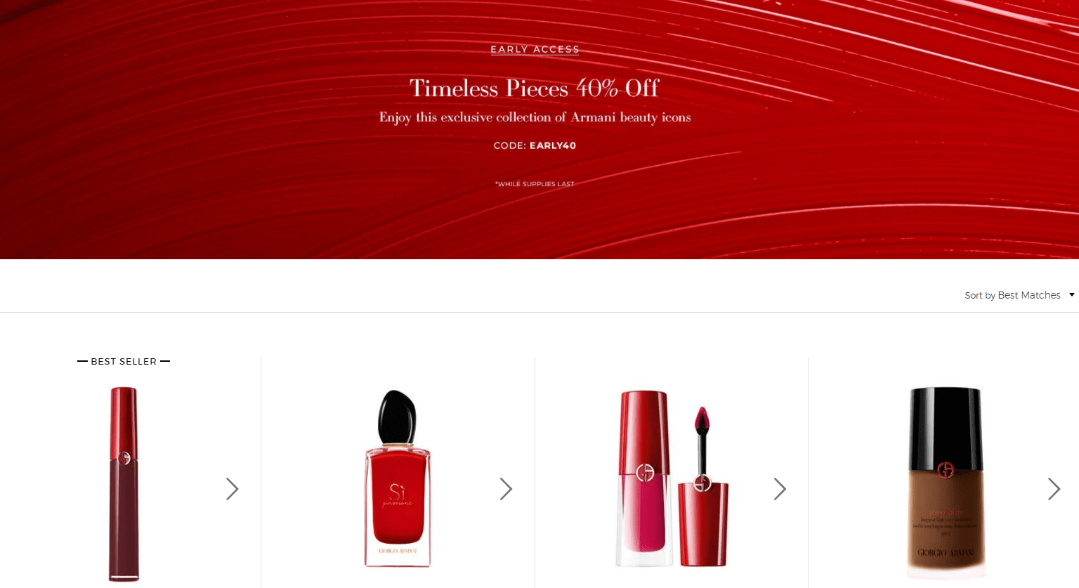 Giorgio Armani Beauty优惠码2026 阿玛尼美国官网惊喜特卖精选产品额外6折促销满$115送红管唇膏401