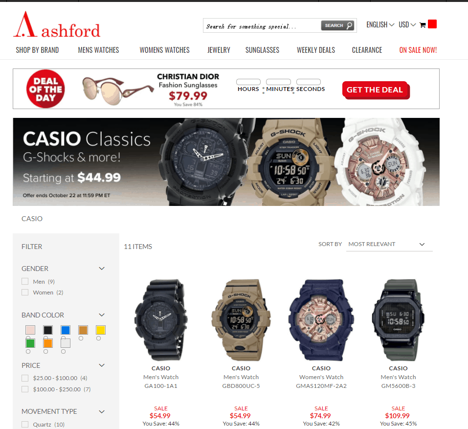 Ashford优惠码2026 ashford现有CASIO卡西欧精选手表低至55折促销满额免邮