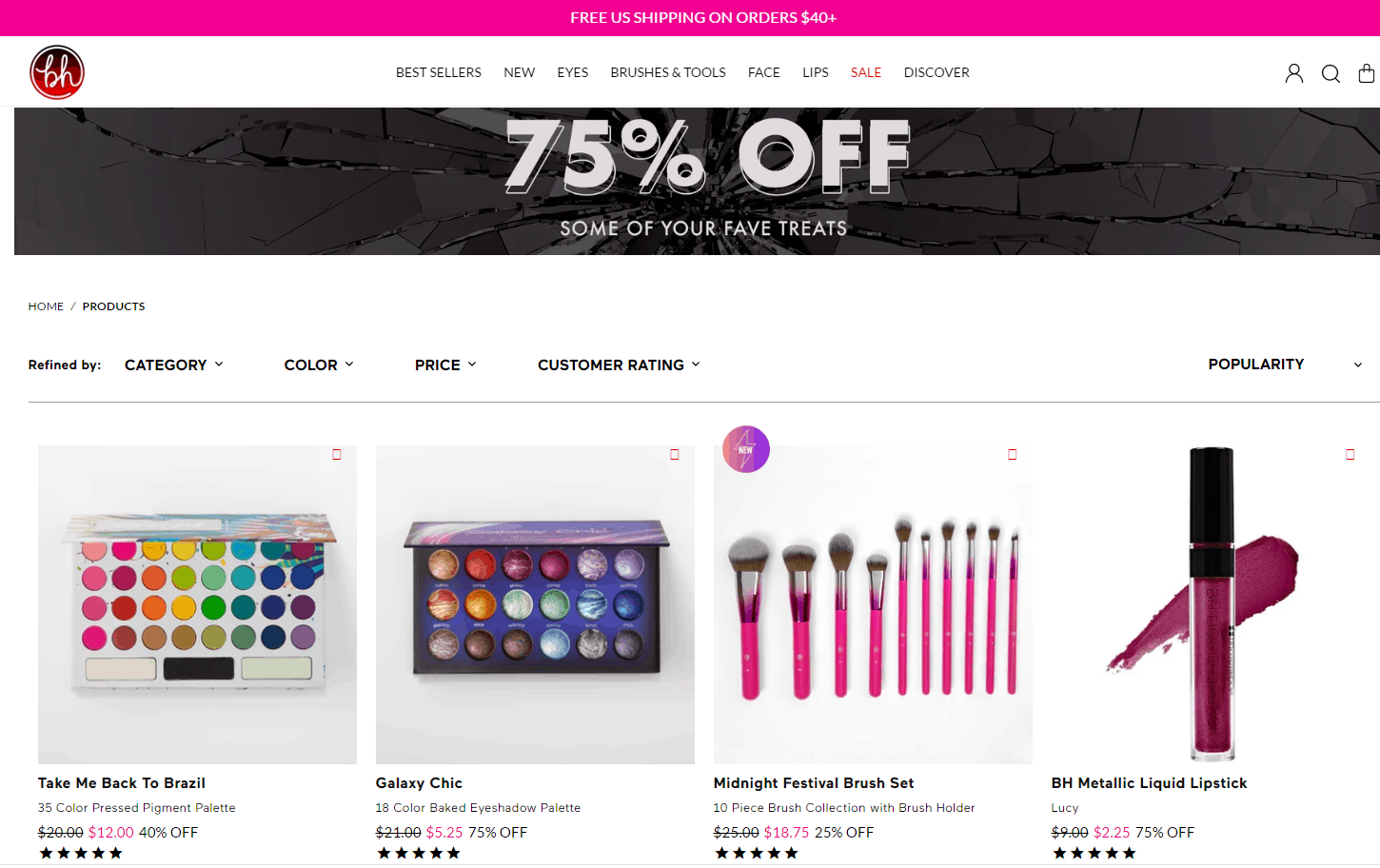 BH Cosmetics折扣码2026 bhcosmetics美国官网精选商品低至25折+额外8折促销满额免邮
