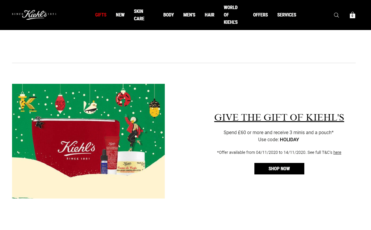 Kiehl’s折扣码2026 科颜氏英国官网满£60送3件套+化妆包