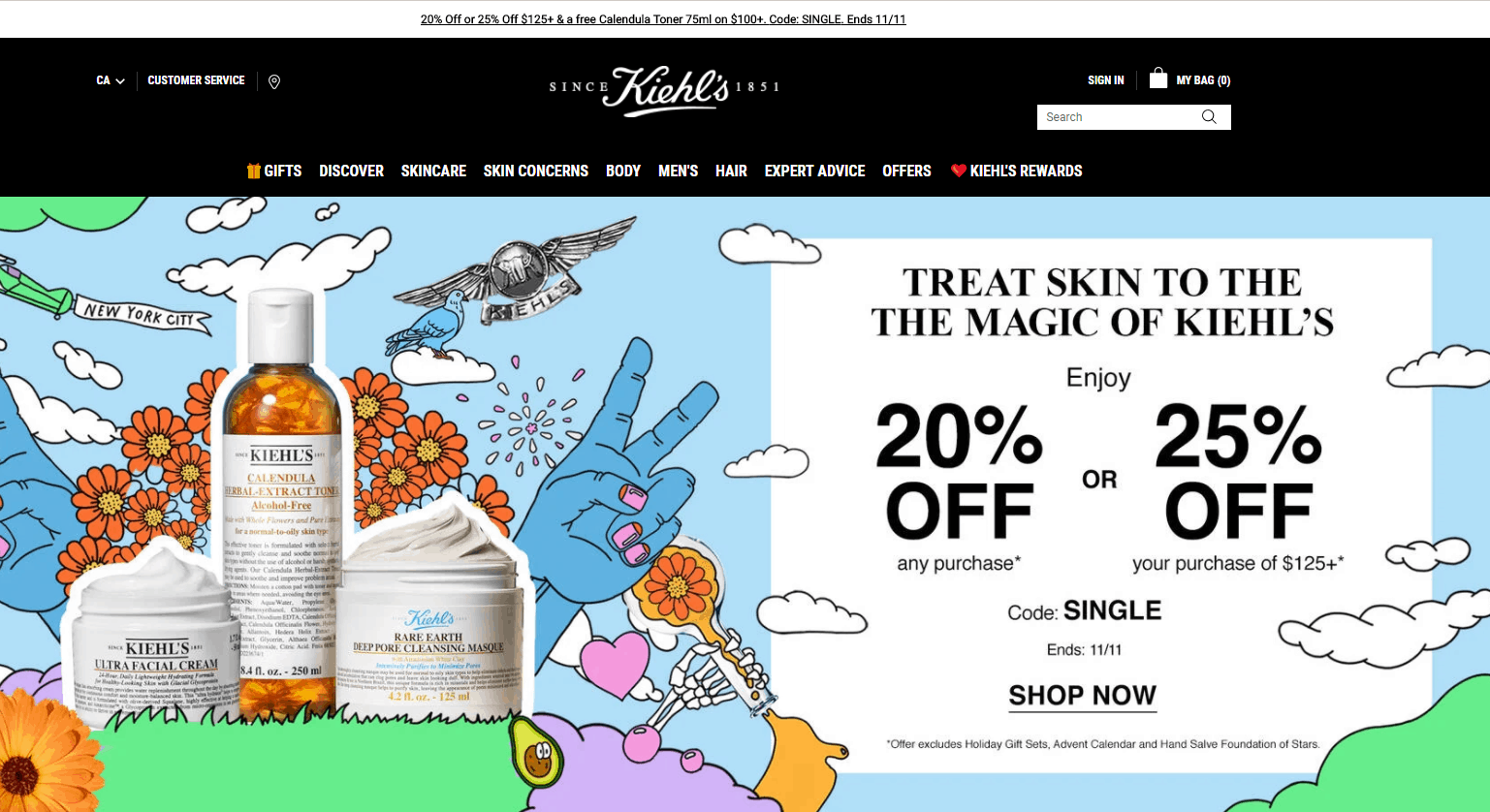Kiehl’s折扣码2026 科颜氏加拿大官网双十一全场最高满额75折满CA0送金盏花水