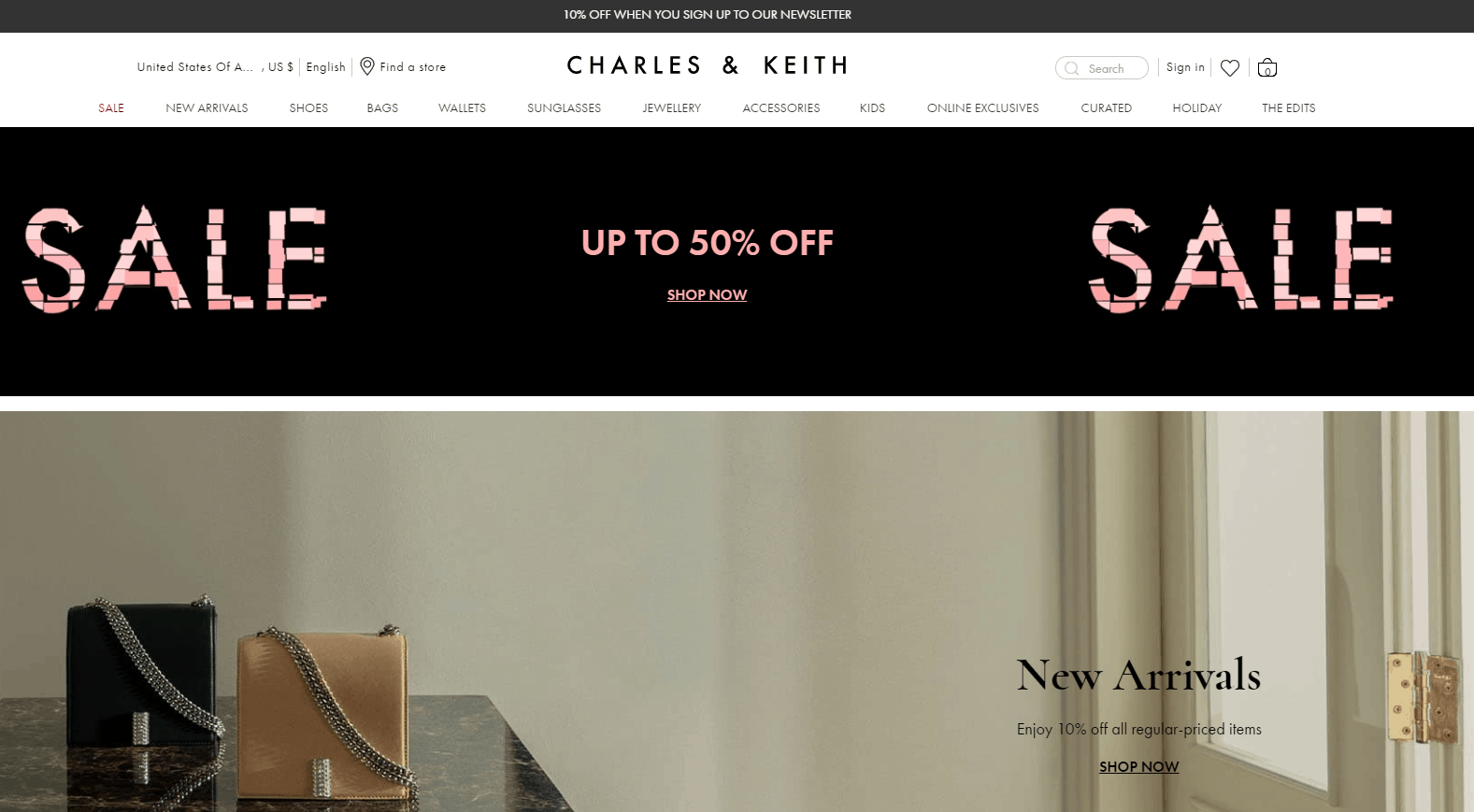Charles Keith优惠码2026 小ck美国官网现有正价商品8折促销美境免邮