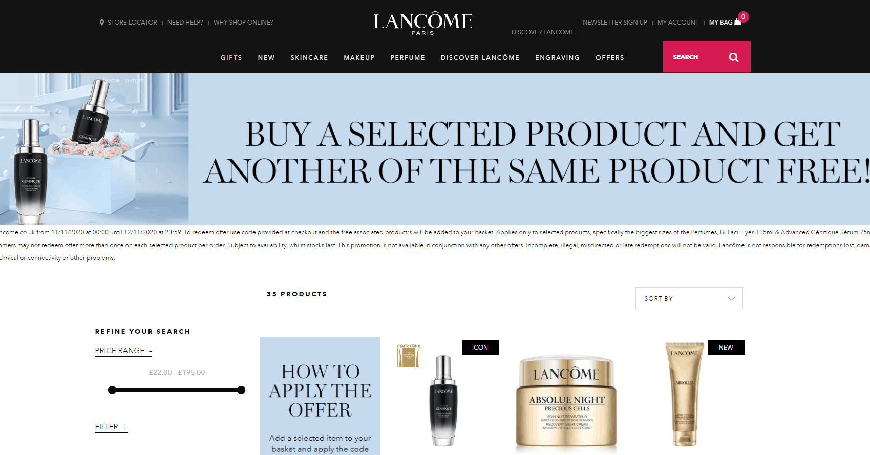 Lancome折扣码2026 兰蔻英国官网精选护肤买一送一小黑瓶75ml/菁纯洁面都参加