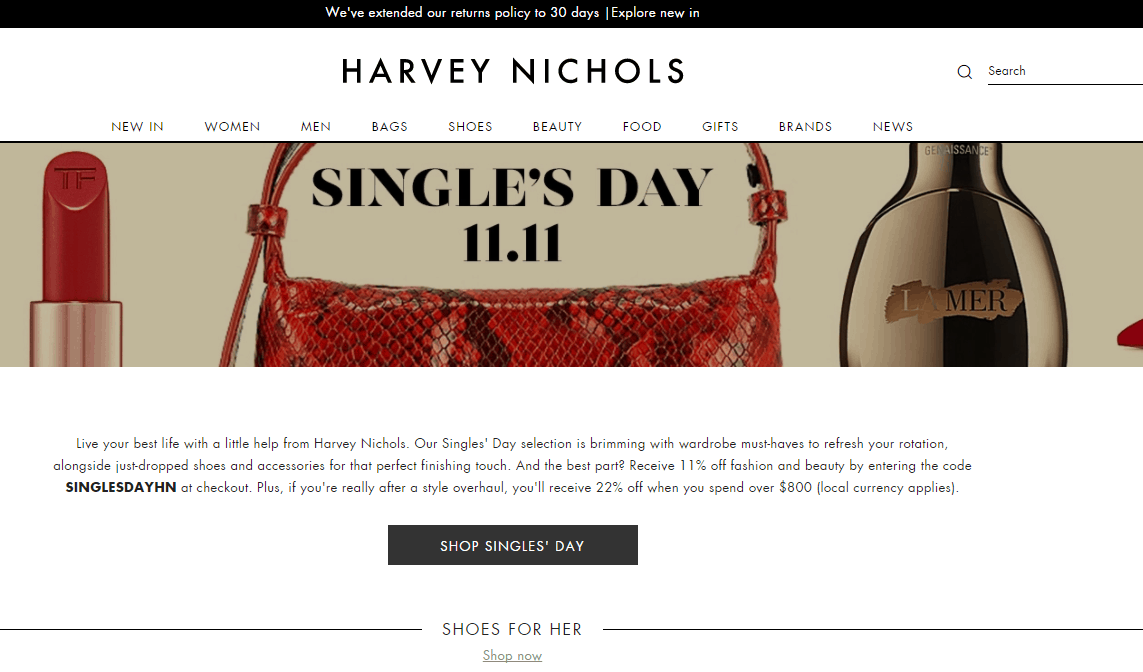 Harvey Nichols折扣码2026 harveynichols双十一全场时尚类78折促销/美妆类89折促销切换美国站点定价更低