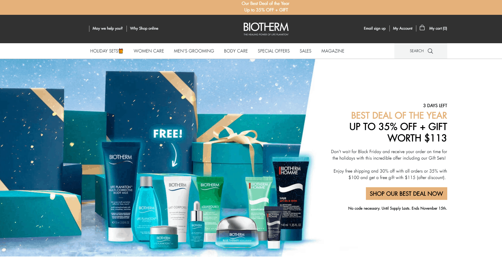 Biotherm折扣码2026 碧欧泉全场护肤美妆无门槛7折/满0享额外65折满115送10件套