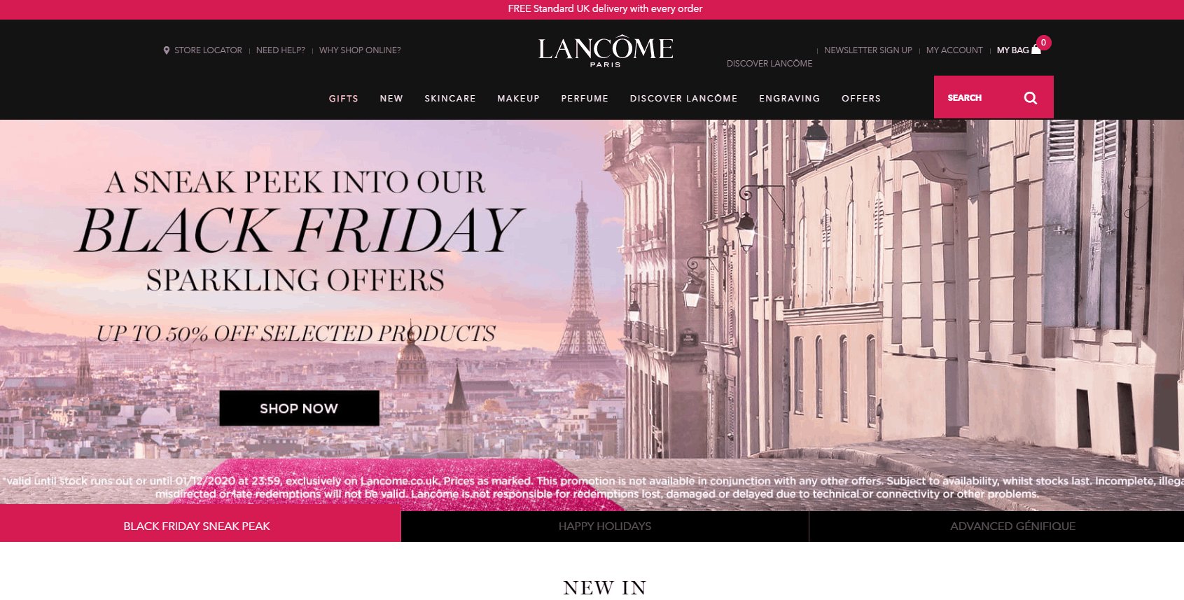 Lancome折扣码2026 兰蔻英国官网黑五大促全场无门槛75折,满£150享7折