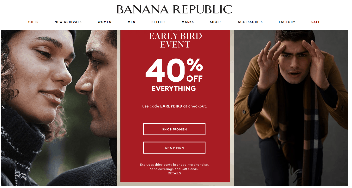 Banana Republic折扣码2026 香蕉共和国官网黑五早鸟大促全场商品6折促销满额免邮
