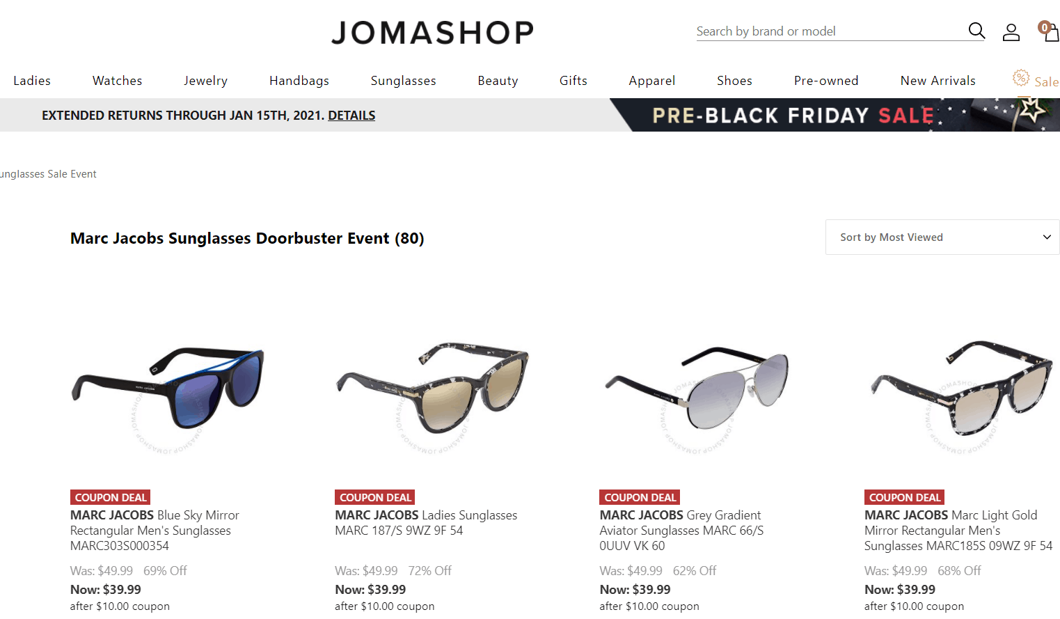 Jomashop优惠码2026 jomashop现有精选太阳镜/服饰/手表/包袋低至2折促销Marc Jacobs太阳镜一律.99