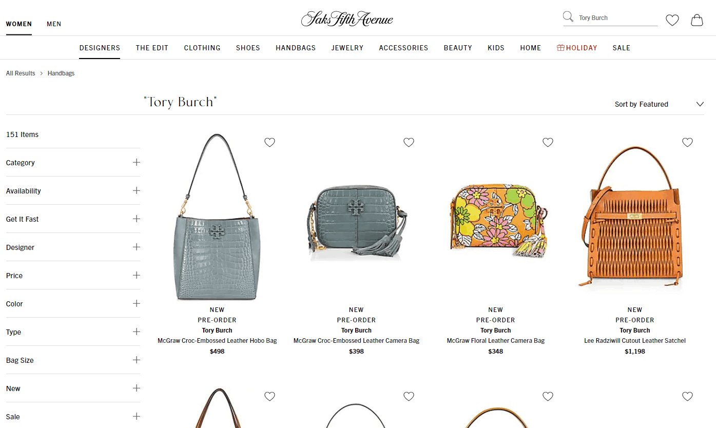 Saks Fifth Avenue优惠码2026 第五大道现有新品Tory Burch包包最高减5新款Eleanor参加