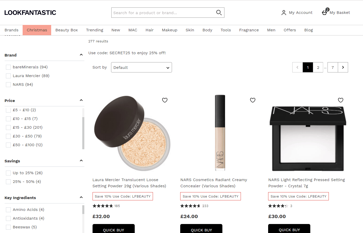 lookfantastic折扣码2026 LF英文网现有NARS/Laura Mercier/BareMinerals精选美妆75折促销收NARS蜜粉饼