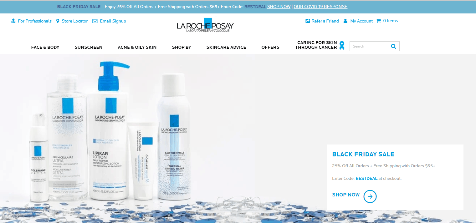 La Roche-Posay折扣码2026 理肤泉美国黑五全场护肤享75折促销满额免邮